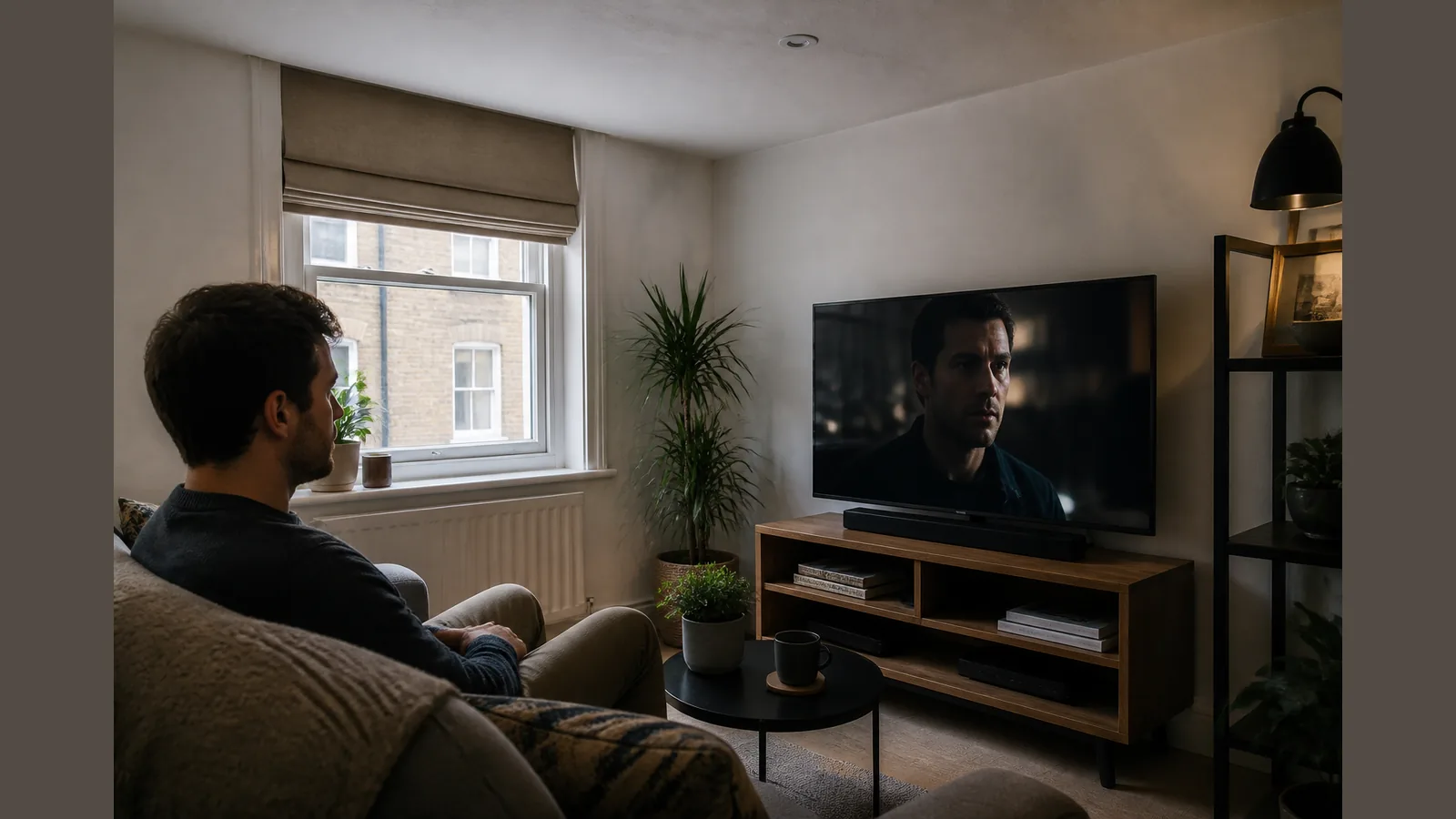 Compact soundbar in a typical UK flat living room without Atmos branding
