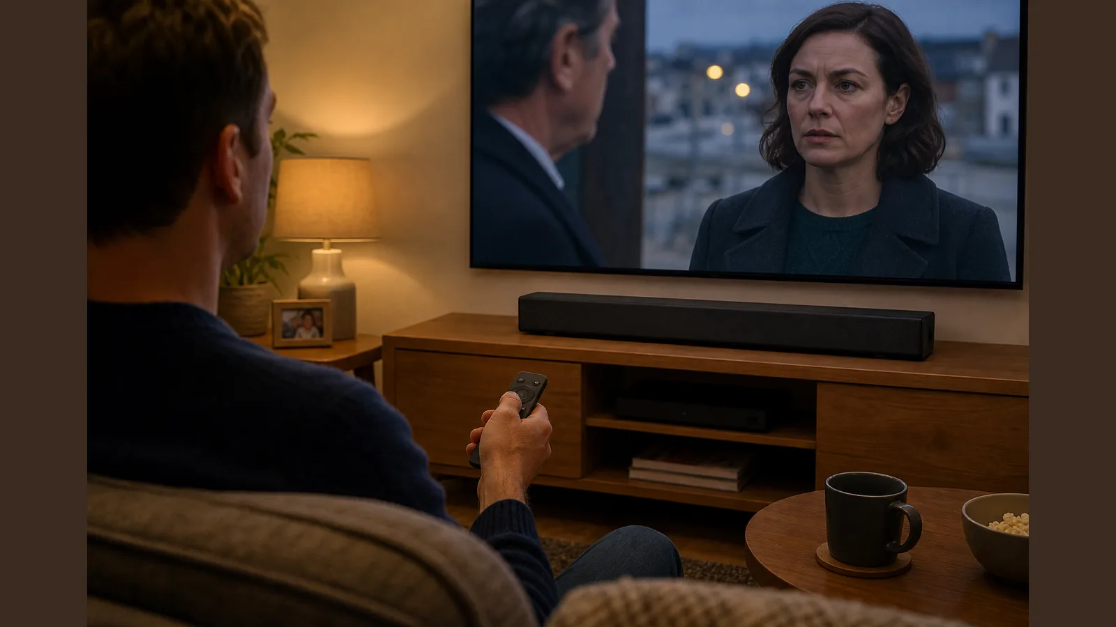 Viewer adjusting soundbar settings to fix TV lip-sync in a UK living room