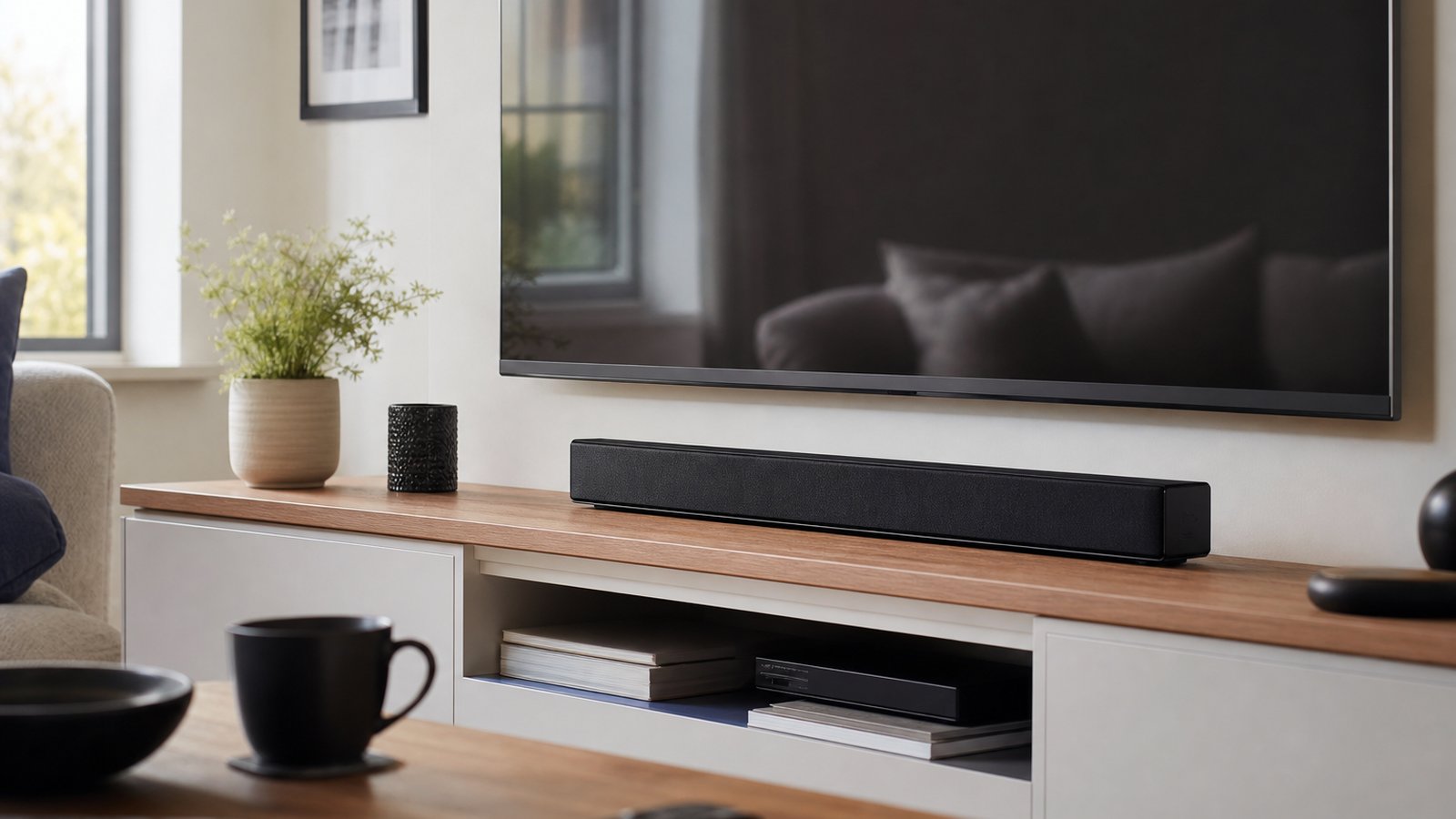 Slim compact soundbar under a television in a UK home
