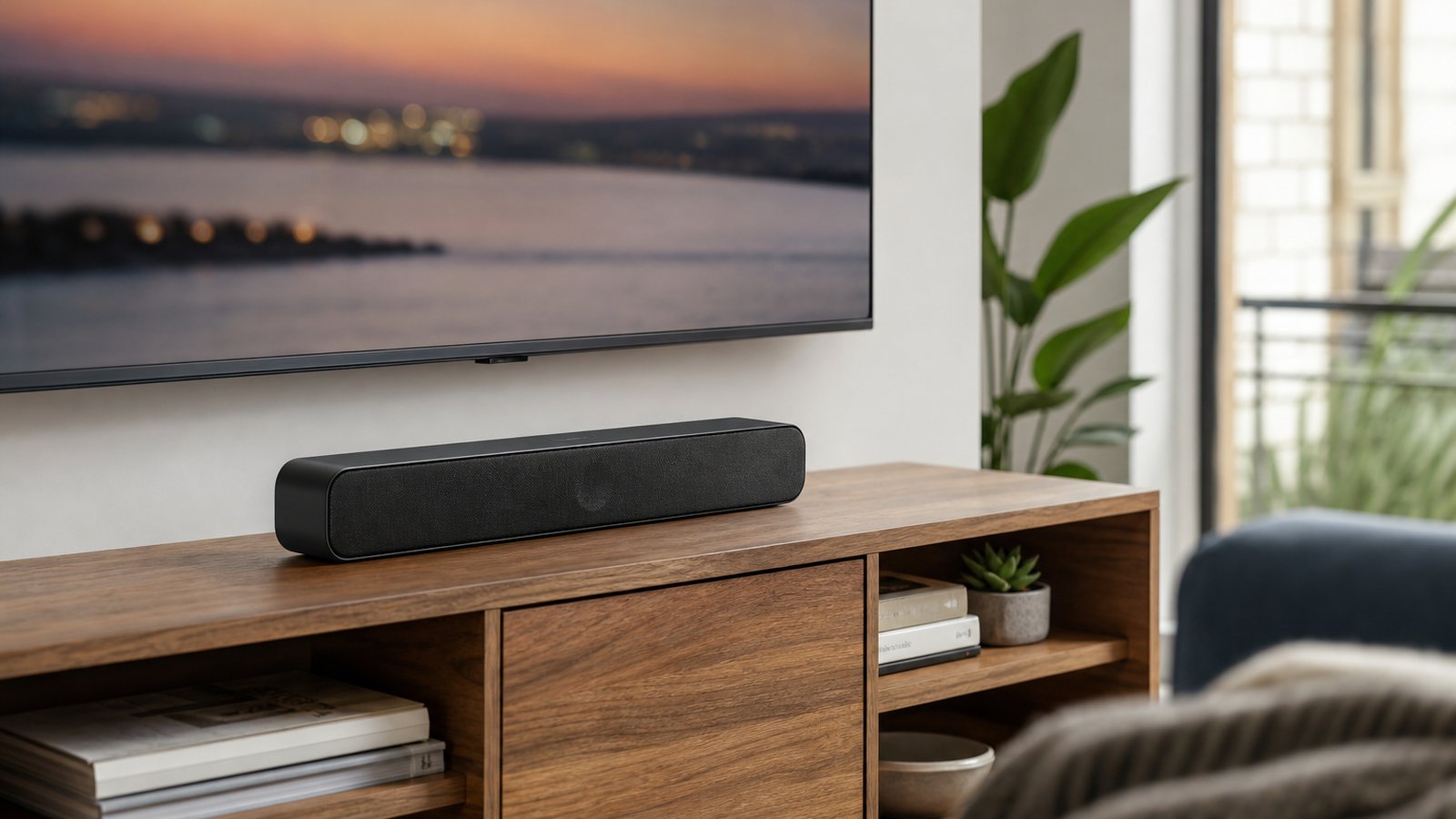 Slim compact soundbar under a television in a UK home