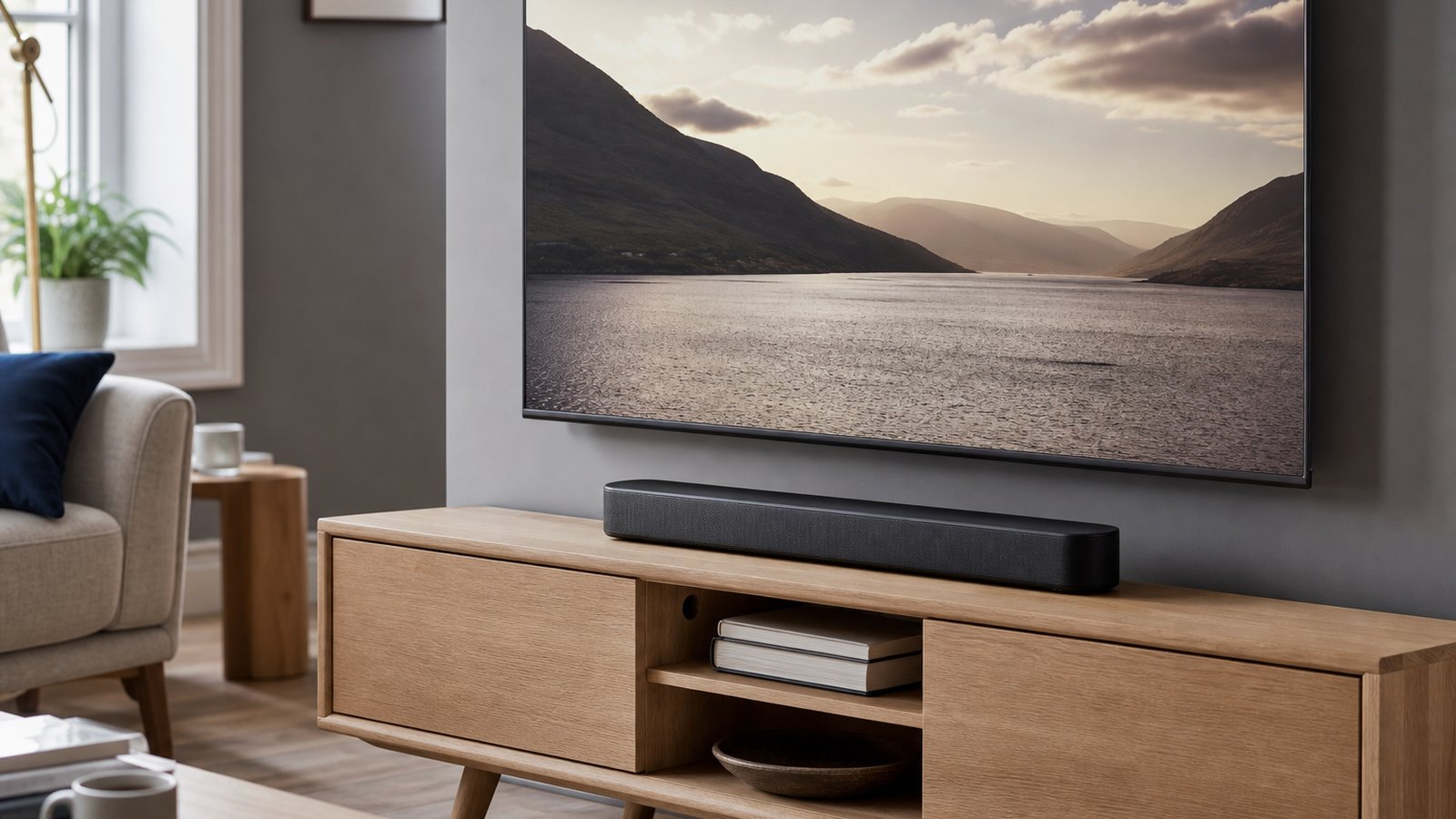 Slim compact soundbar under a television in a UK home