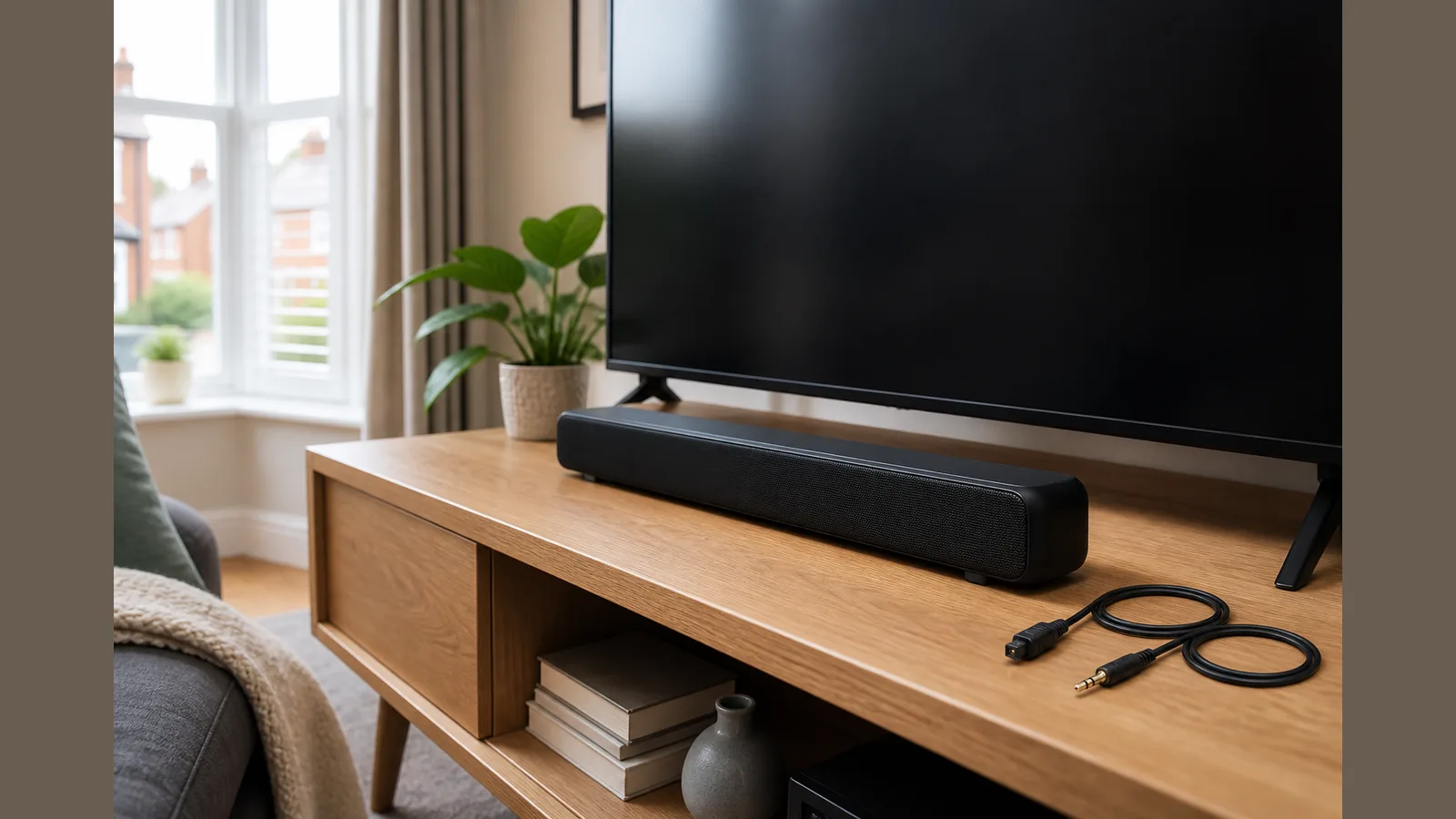 Optical and AUX cables beside a compact TV soundbar on a UK living-room stand