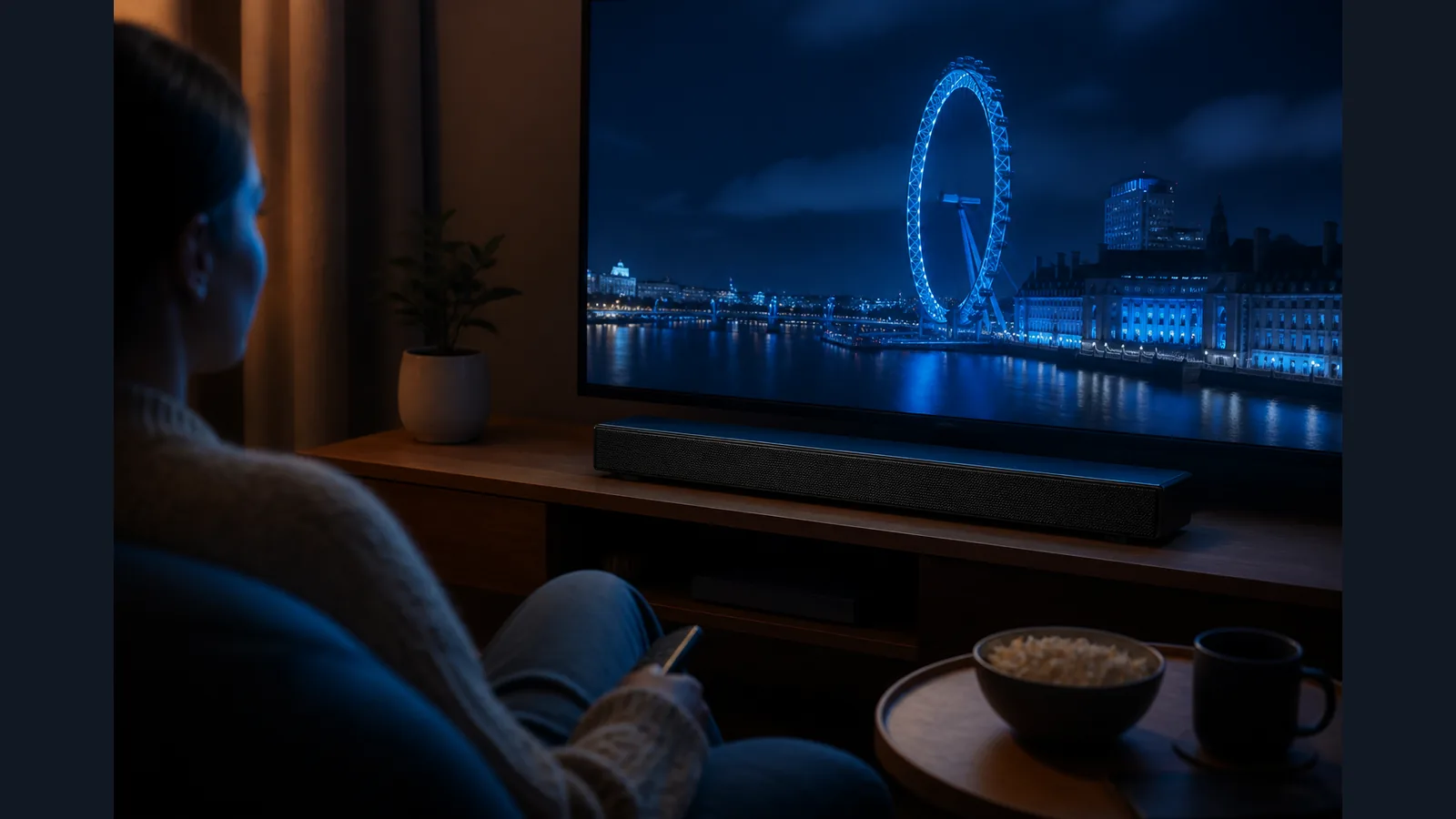 Late-evening TV watching in a UK flat with a compact soundbar at low volume