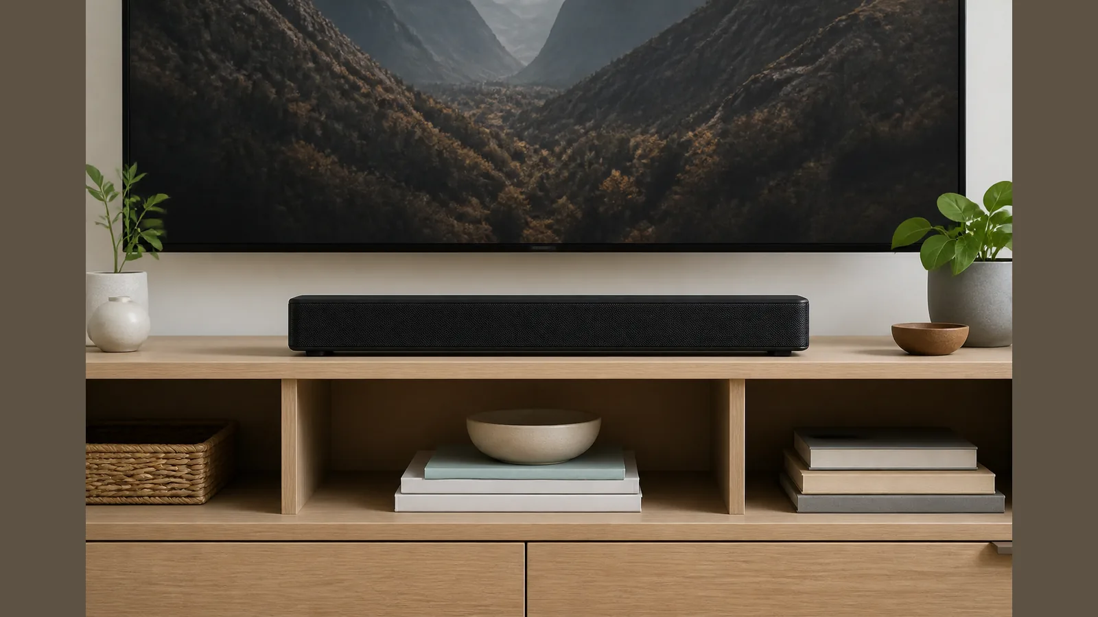 Compact soundbar placed on a UK TV stand directly under a flat-screen TV